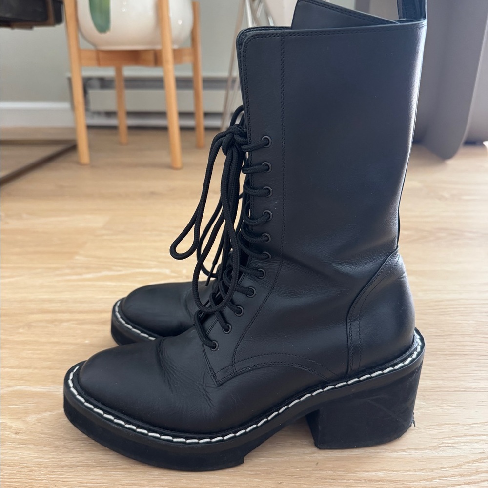KHAITE Cody Black Lace-Up Chunky Heel Boot with Contrast Stitching